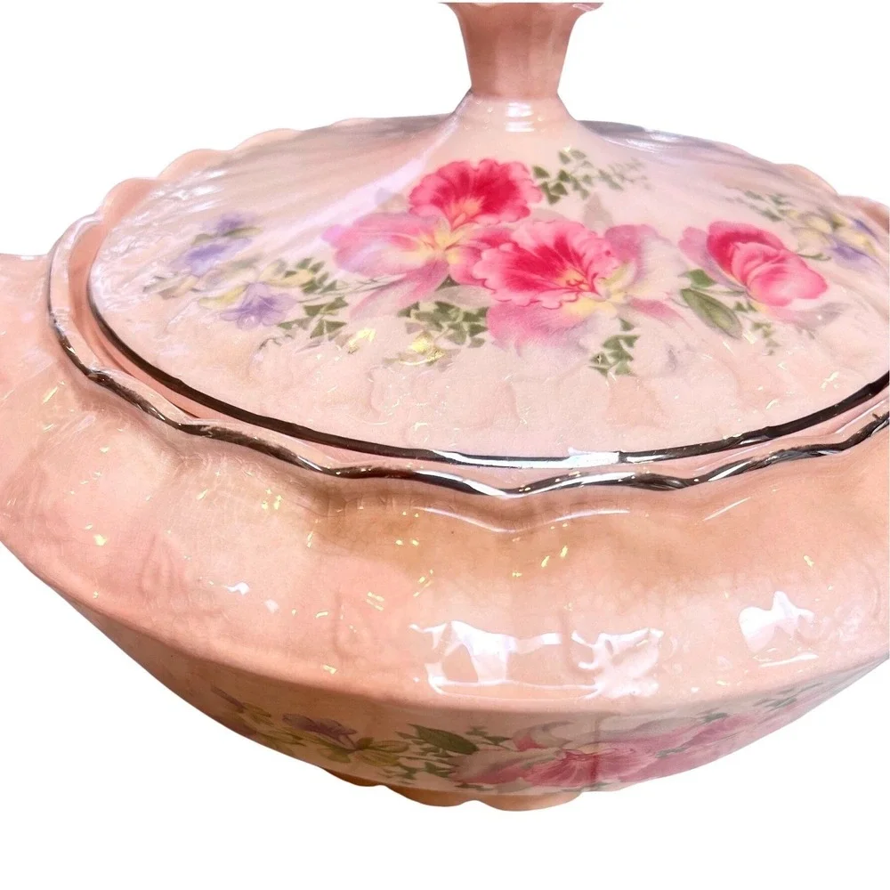 Vintage Pink Floral Ceramic Soup Tureen with Lid‎ Silver Trim Scalloped Edge